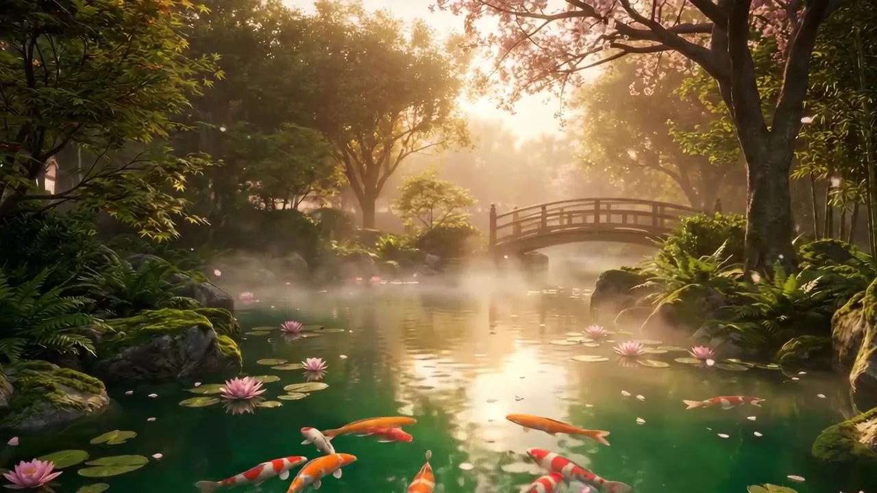 Jardin koï à l'heure dorée